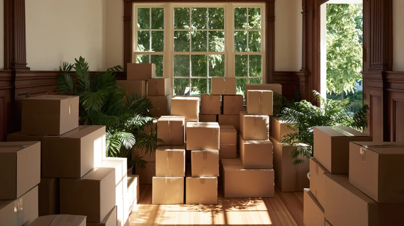 Dozens of cardboard moving boxes stacked in piles filling a sunlit room with large windows and indoor plants