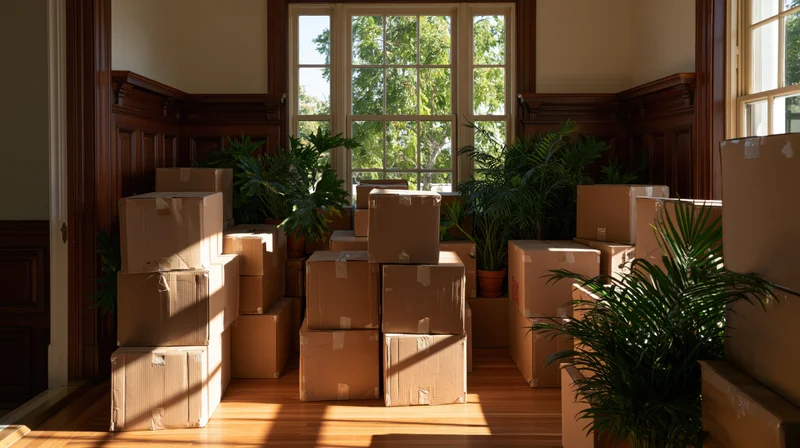 Stacks of cardboard moving boxes filling a sunlit vintage home interior with potted plants and wooden trim