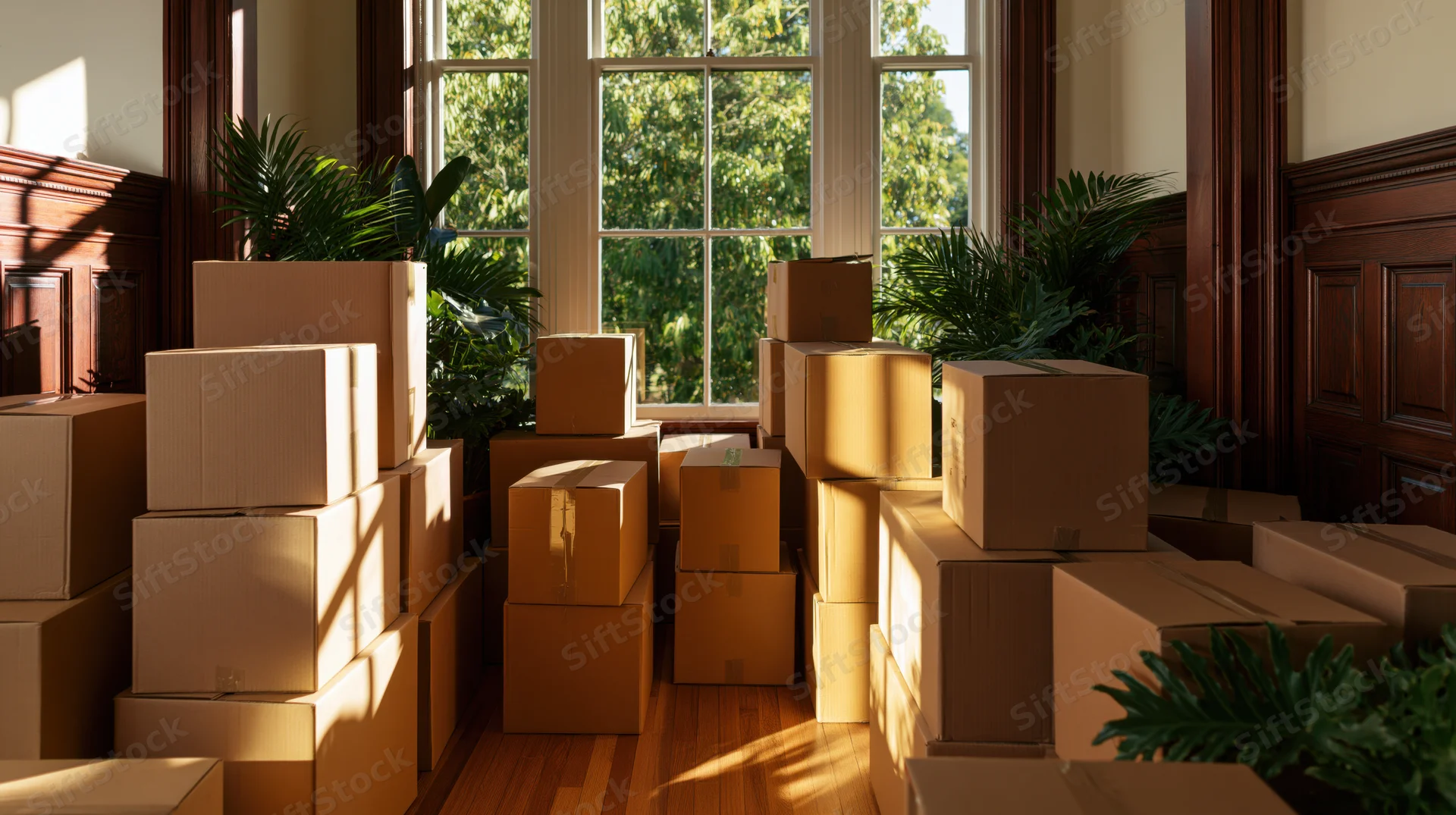 Stacks of cardboard moving boxes filling a sunlit room with wooden floors and large windows, surrounded by potted plants