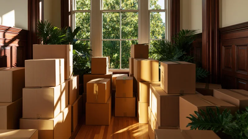 Stacks of cardboard moving boxes filling a sunlit room with wooden floors and large windows, surrounded by potted plants