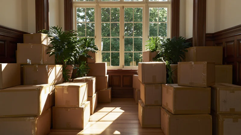 Stacks of cardboard moving boxes filling a sunlit room with large windows and potted plants