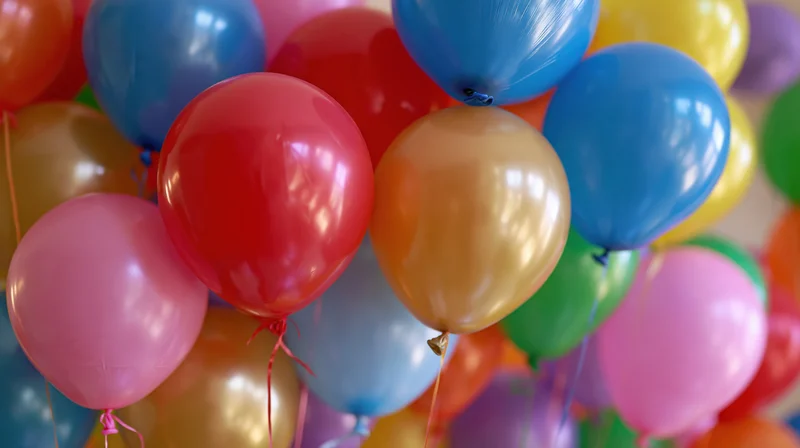 Cluster of colorful helium balloons floating closely together indoors