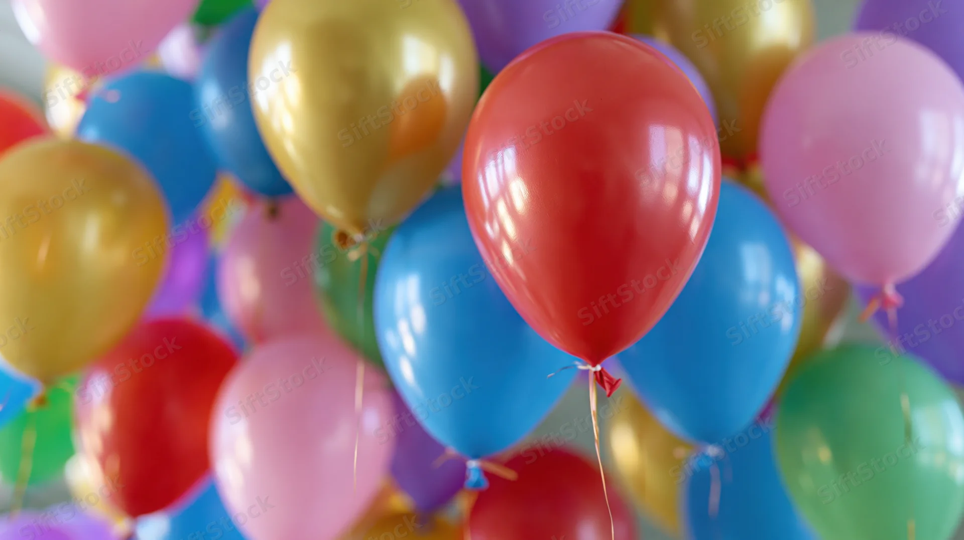 Cluster of colorful helium balloons floating together indoors