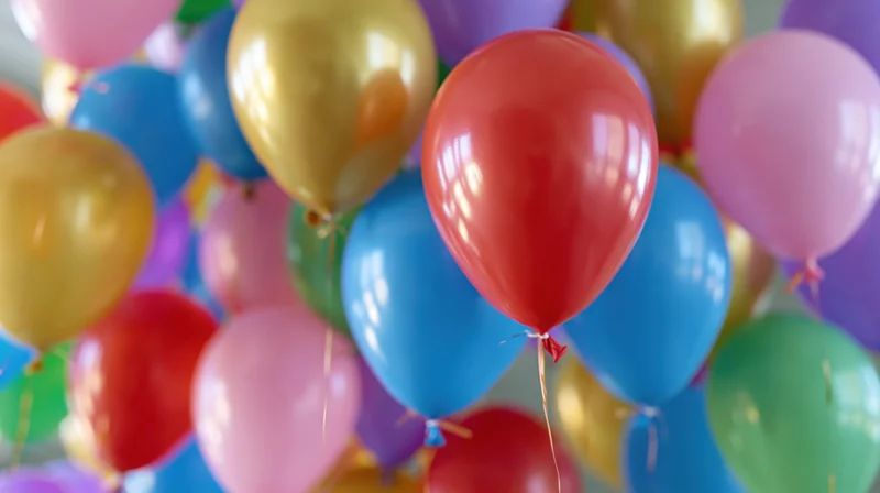Cluster of colorful helium balloons floating together indoors
