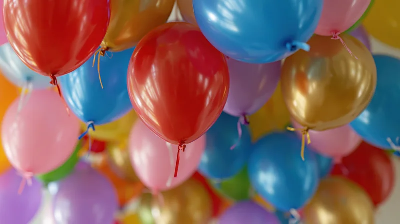 Colorful helium balloons clustered together floating in the air