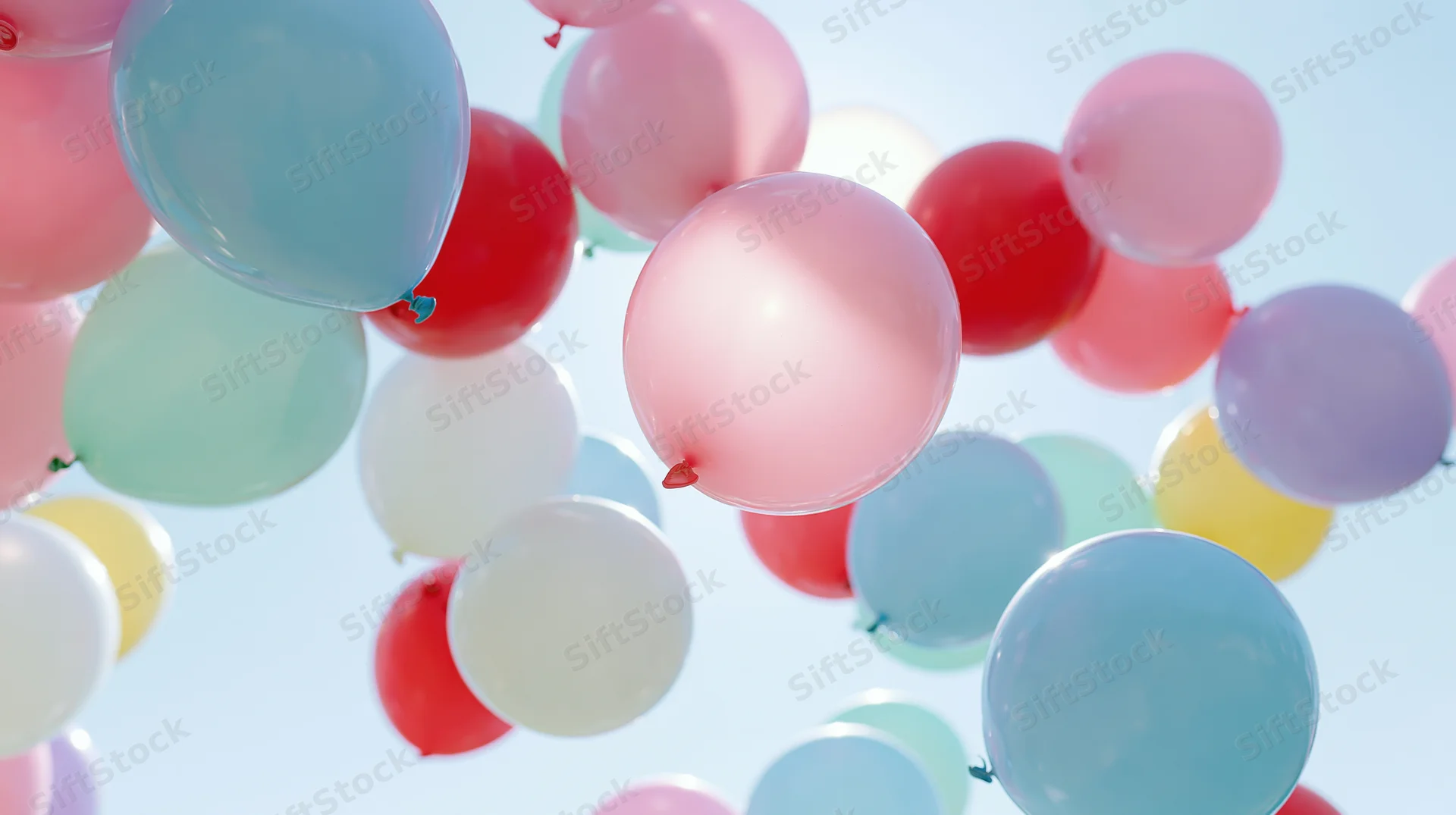 Colorful helium balloons floating upward against a clear blue sky