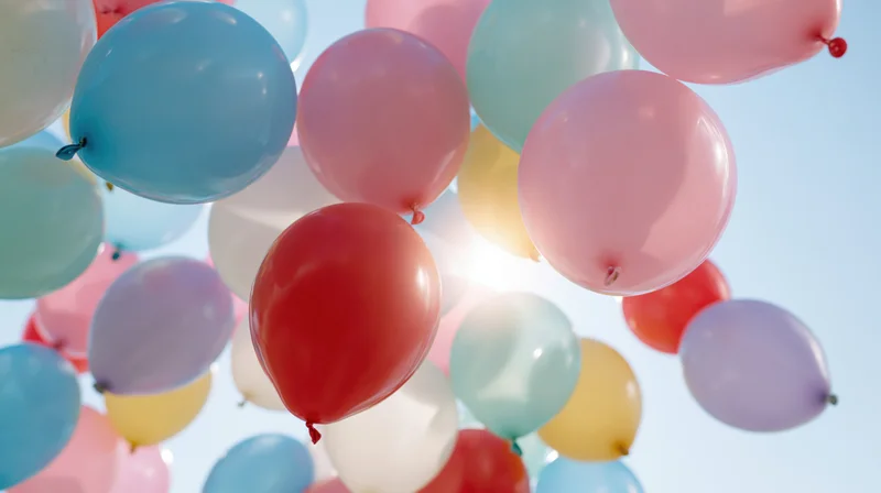 Colorful helium balloons floating upward against a bright sky during a celebration