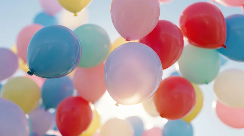 Colorful helium balloons floating upward against a bright sky