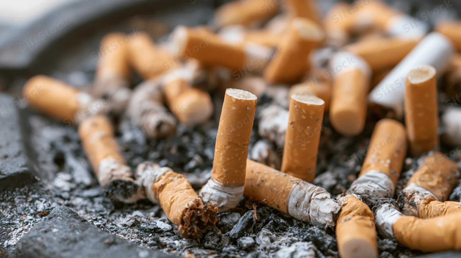 Crushed and standing cigarette butts scattered in ash on a dark surface