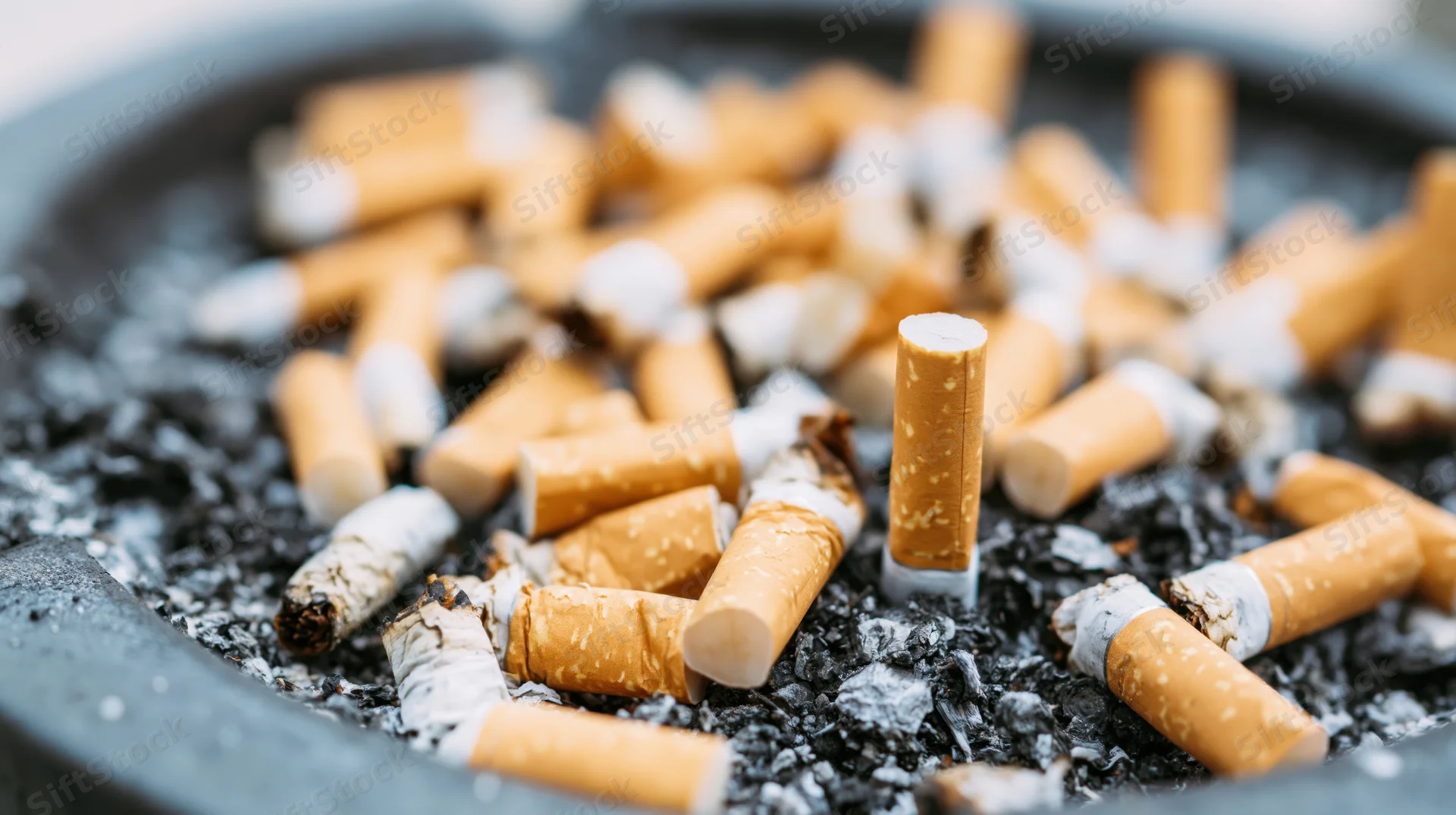 Cigarette butts and ash scattered in an ashtray closeup