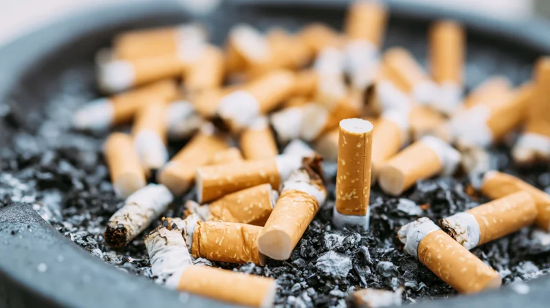 Cigarette butts and ash scattered in an ashtray closeup