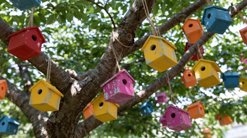 Colorful handmade wooden birdhouses hanging from tree branches in a garden setting