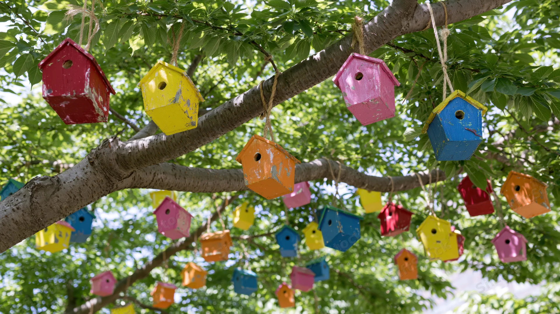 Colorful handmade wooden birdhouses hanging from tree branches in a leafy garden setting