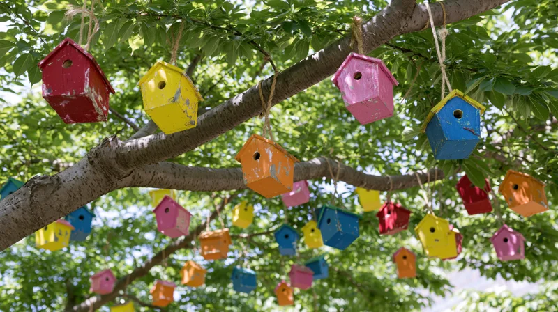 Colorful handmade wooden birdhouses hanging from tree branches in a leafy garden setting