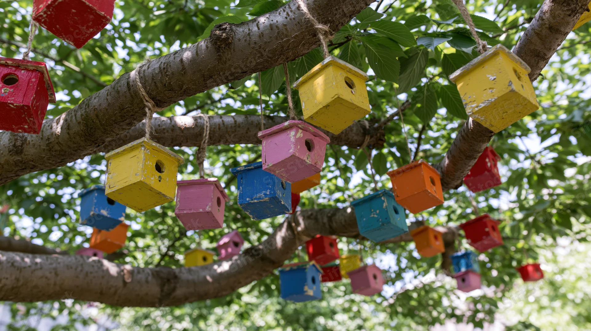 Colorful handmade wooden birdhouses hanging from tree branches in a leafy garden setting