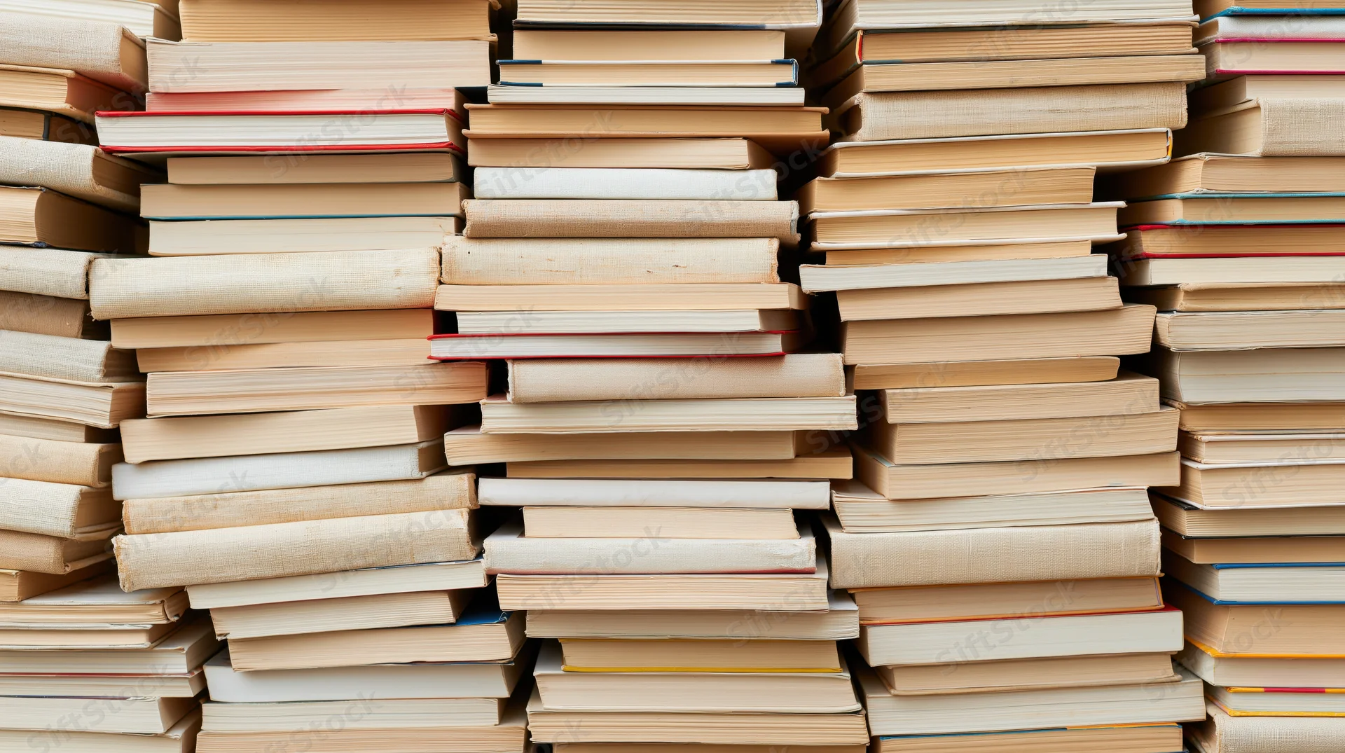 Stacks of hardcover and paperback books piled high in irregular arrangement