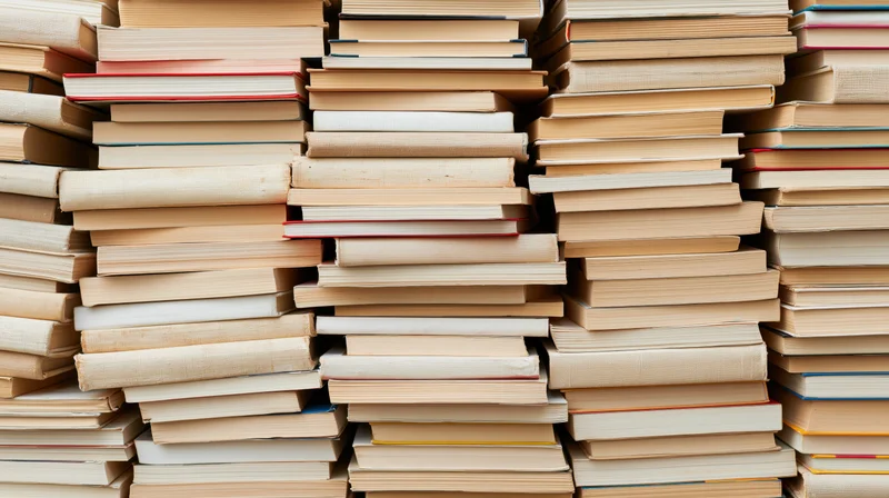 Stacks of hardcover and paperback books piled high in irregular arrangement