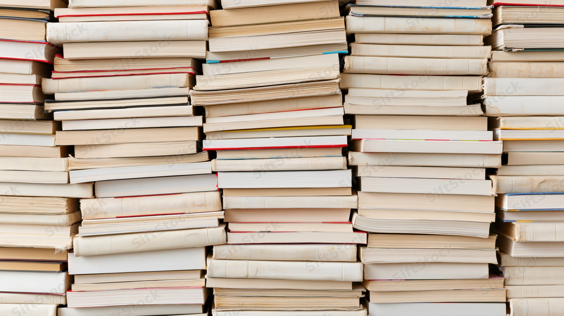 Stacks of hardcover and paperback books arranged in irregular columns filling the frame