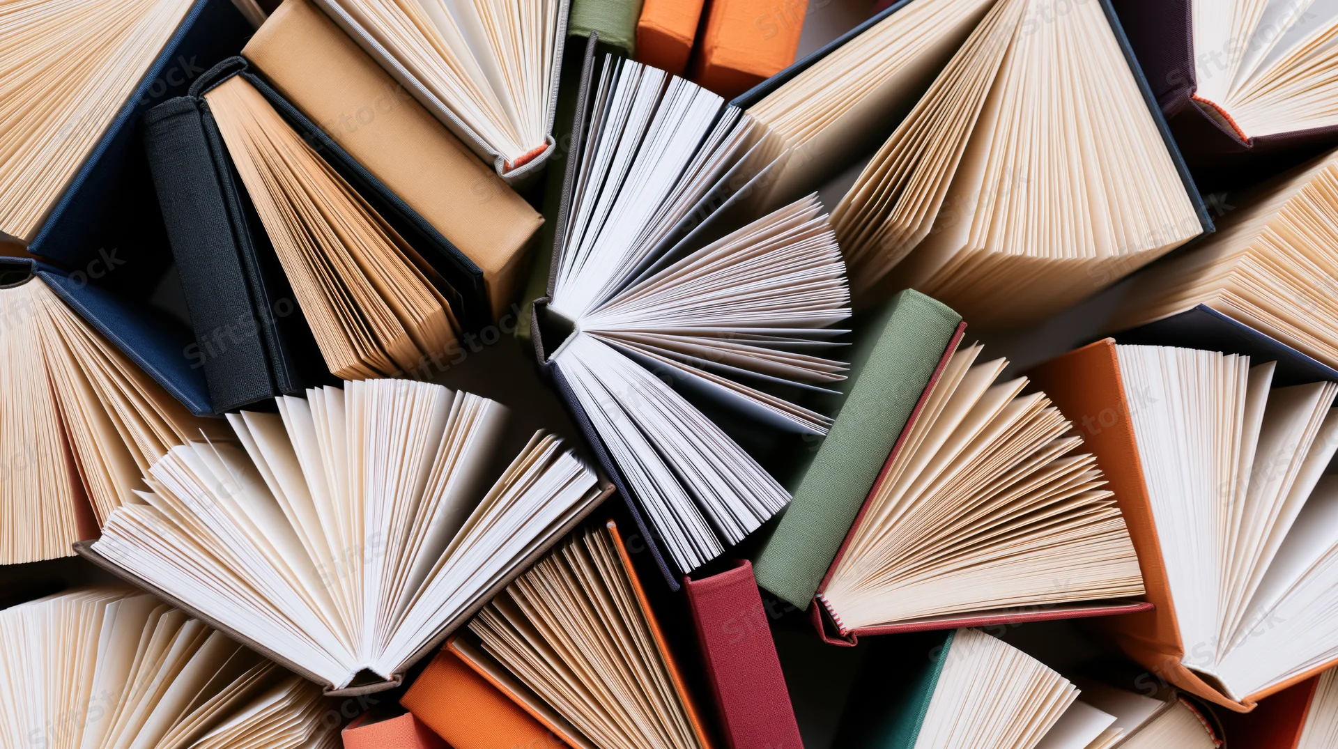 Open hardcover books fanned and upright in a dense stack
