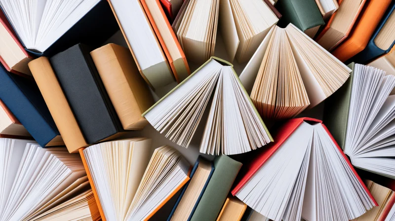 Open hardcover books fanned upright in a dense stack viewed from above