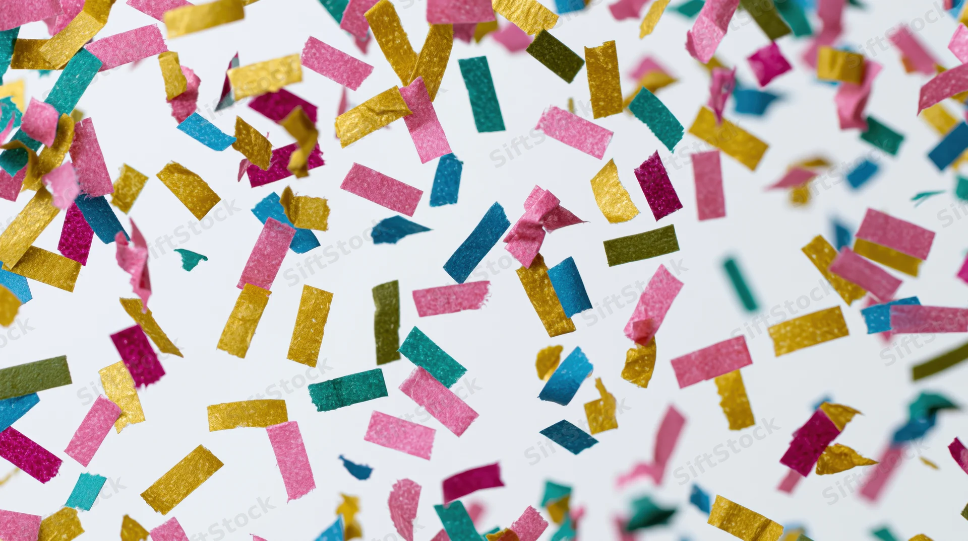 Multicolored paper confetti pieces falling against a white background