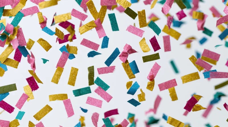 Multicolored paper confetti pieces falling against a white background