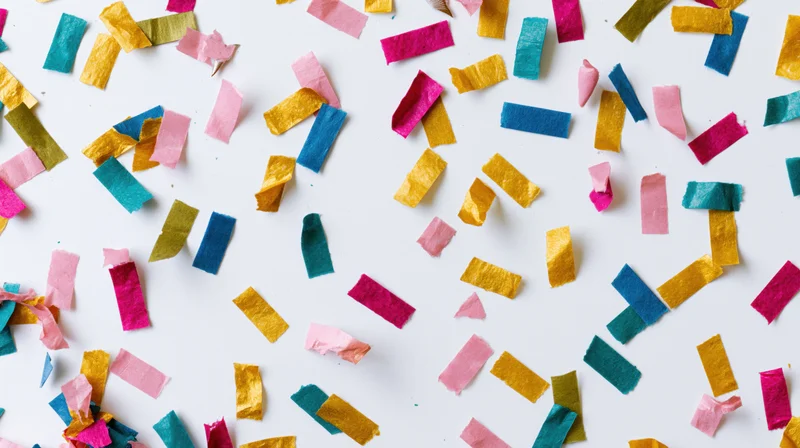 Colorful paper confetti scattered across a white surface in a flat lay overhead view