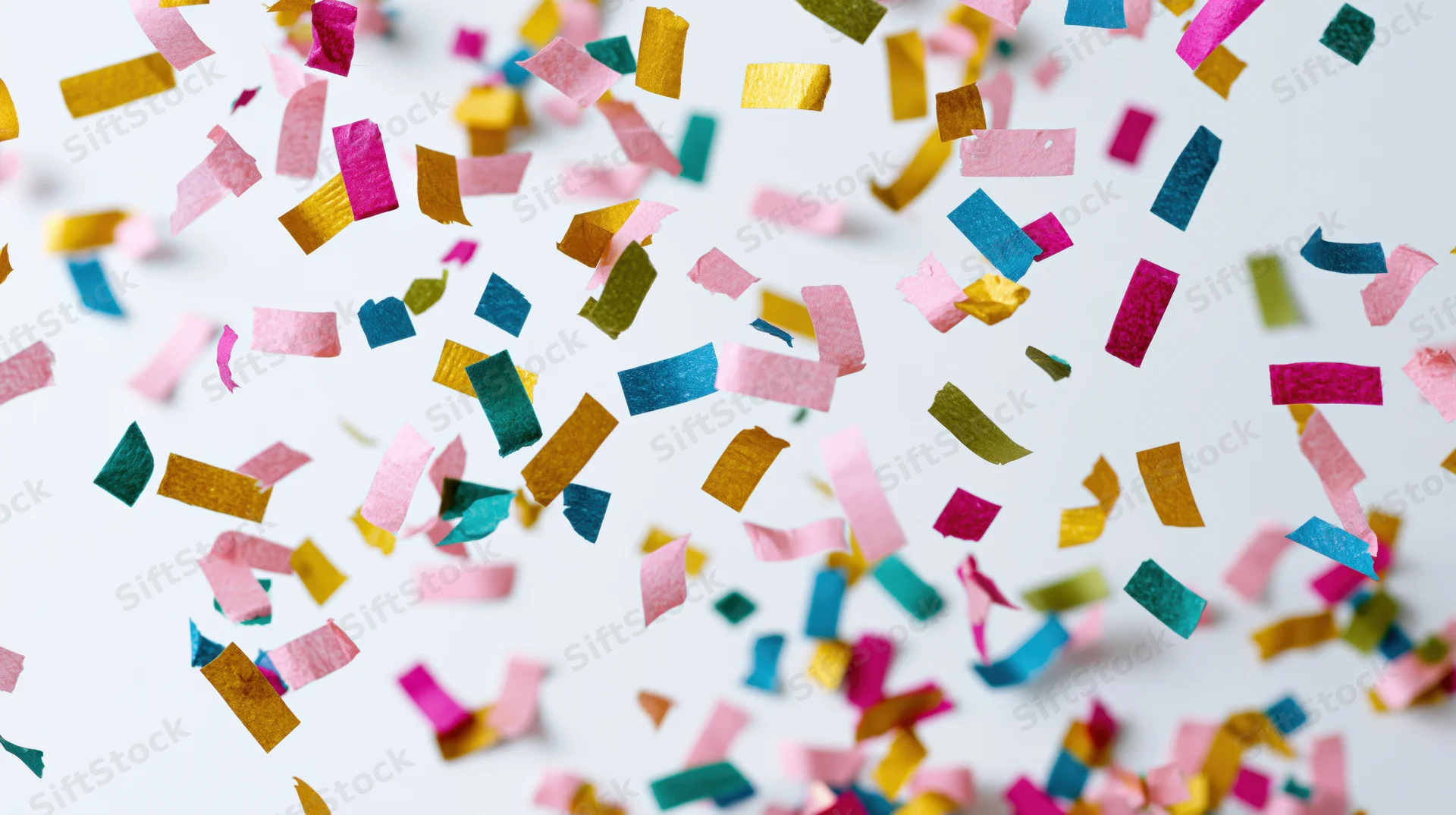 Colorful paper confetti pieces falling midair against a white background
