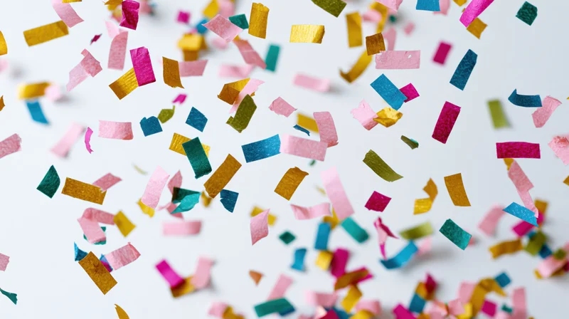Colorful paper confetti pieces falling midair against a white background