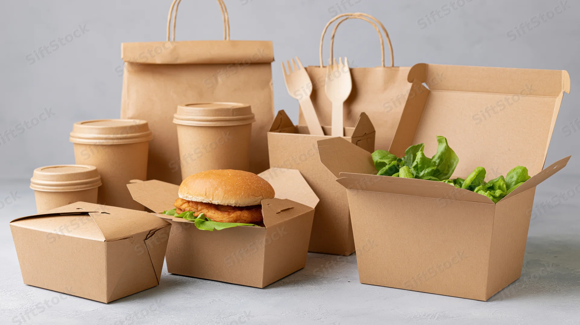 Eco-friendly kraft paper food packaging collection arranged on a white surface with burgers, salads, cups, and bags