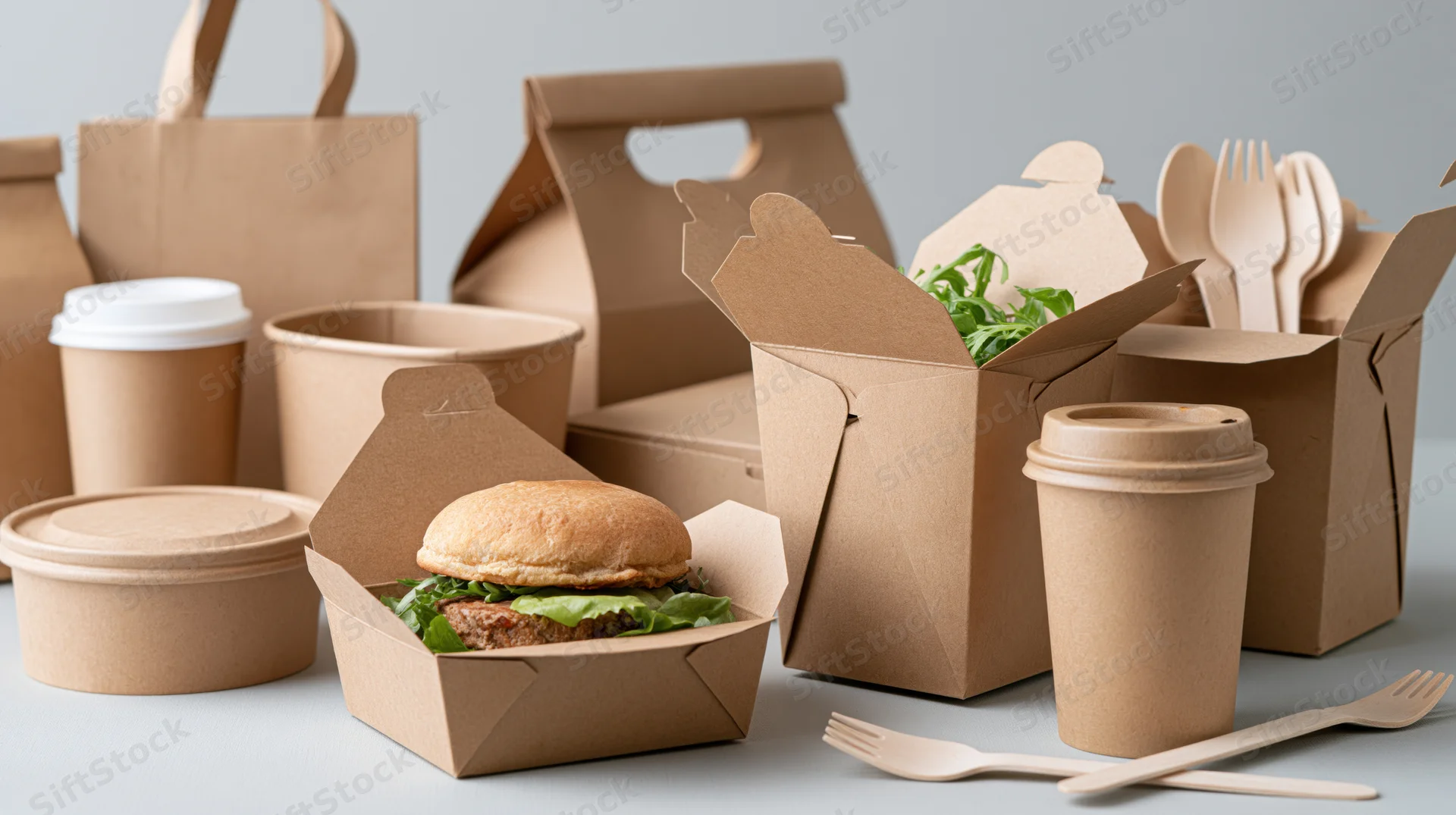 Eco-friendly kraft paper food packaging collection arranged on a white surface with takeout containers, cups, utensils and a burger sandwich