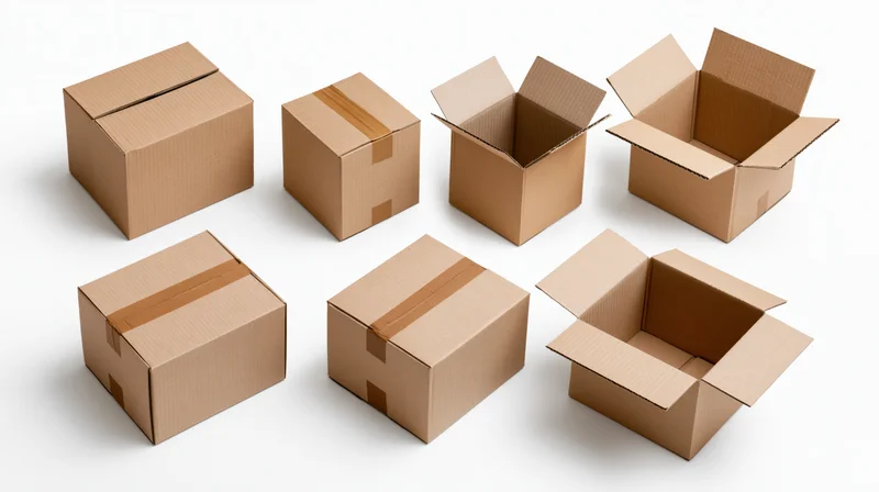 Eight corrugated cardboard shipping boxes arranged in two rows on white background, some open and some closed with tape seals