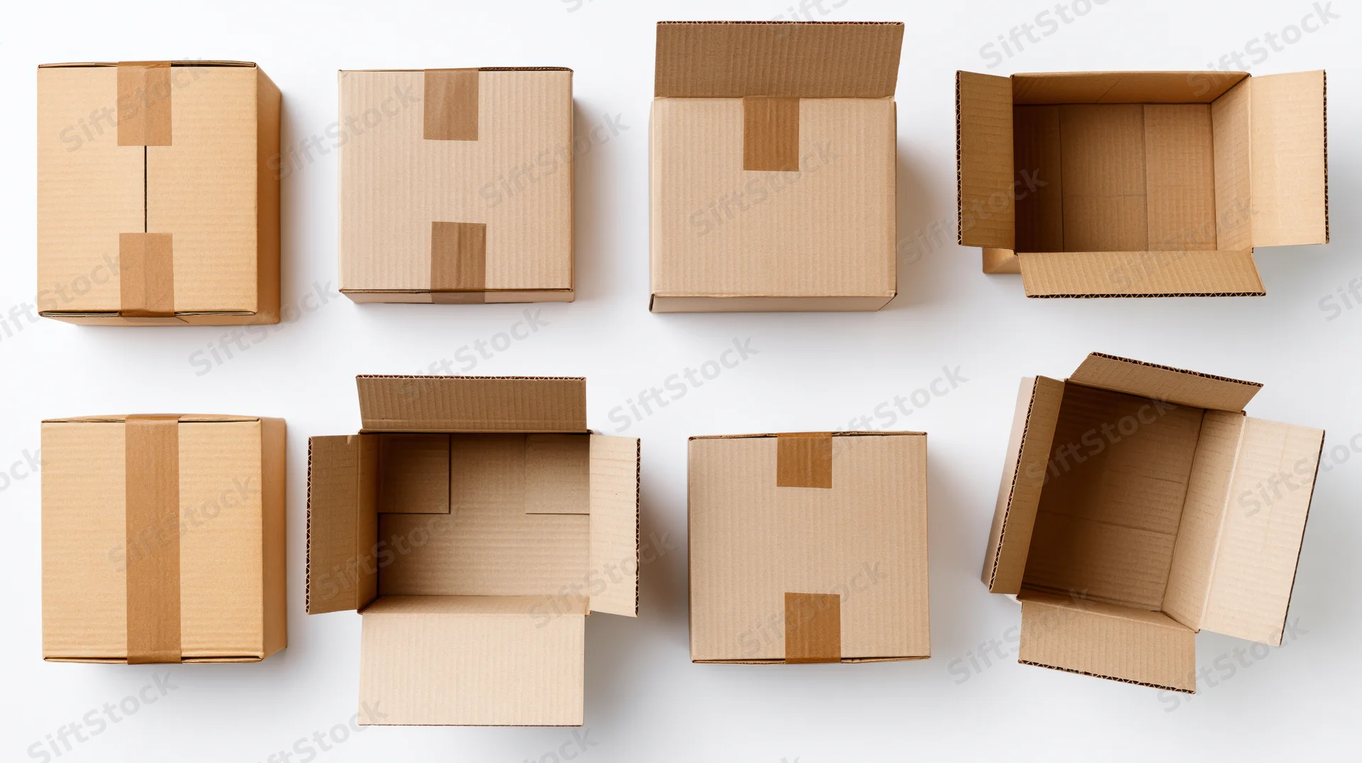 Eight corrugated cardboard shipping boxes arranged in two rows on white background