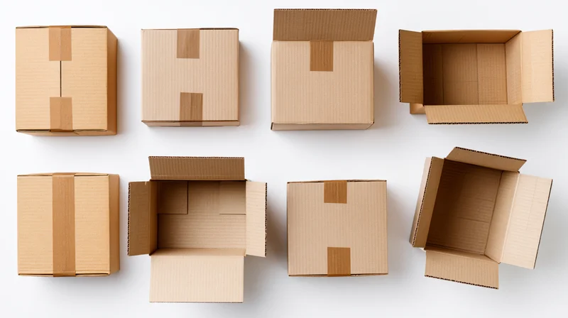 Eight corrugated cardboard shipping boxes arranged in two rows on white background