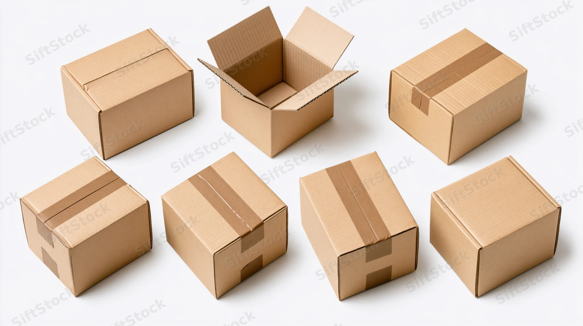 Eight corrugated cardboard shipping boxes arranged in two rows on white background