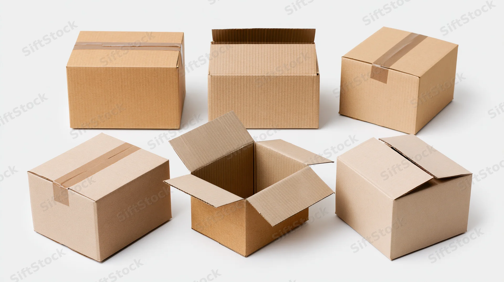 Six corrugated cardboard shipping boxes arranged in two rows, some open and some closed, on a white background