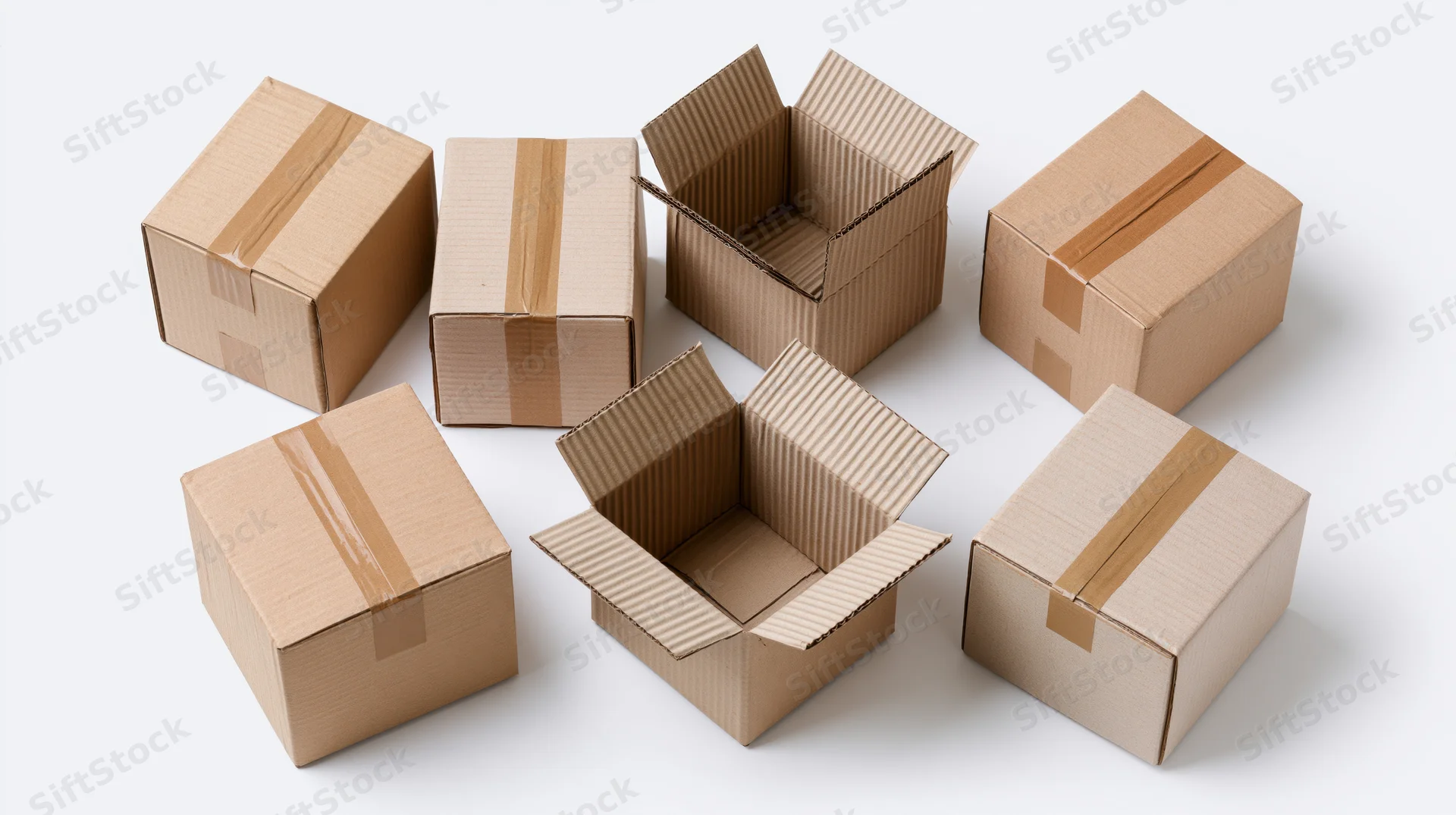Eight corrugated cardboard shipping boxes arranged in two rows, some open and some closed, on a white background