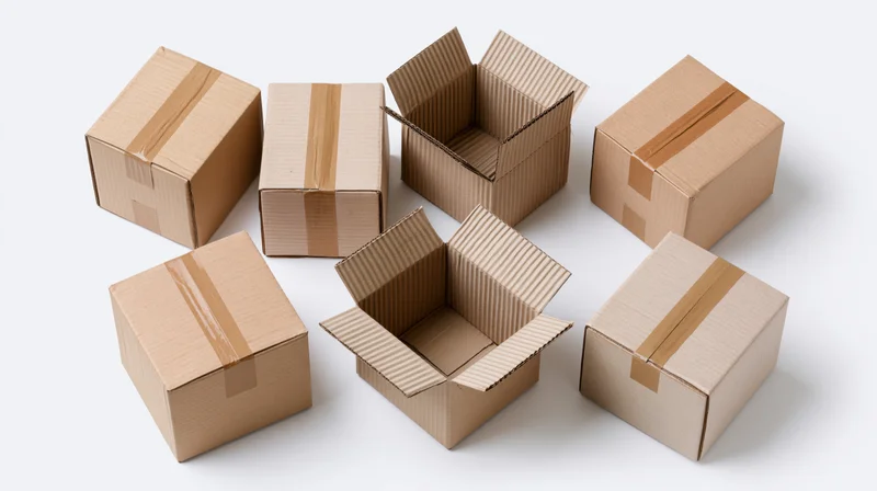 Eight corrugated cardboard shipping boxes arranged in two rows, some open and some closed, on a white background