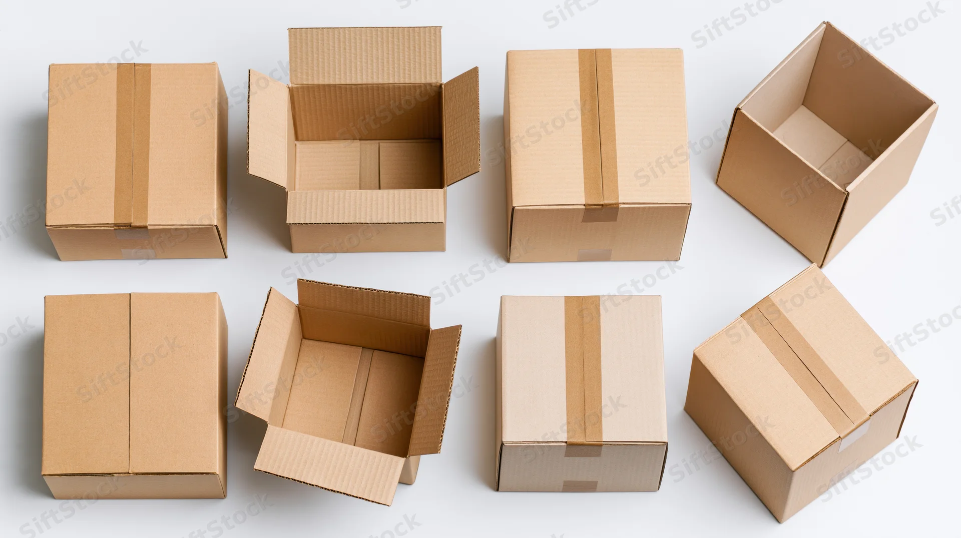 Eight corrugated cardboard shipping boxes arranged in two rows on white background