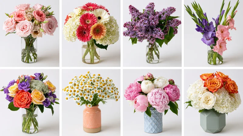 Eight different flower arrangements in various vases displayed in a grid on a white background
