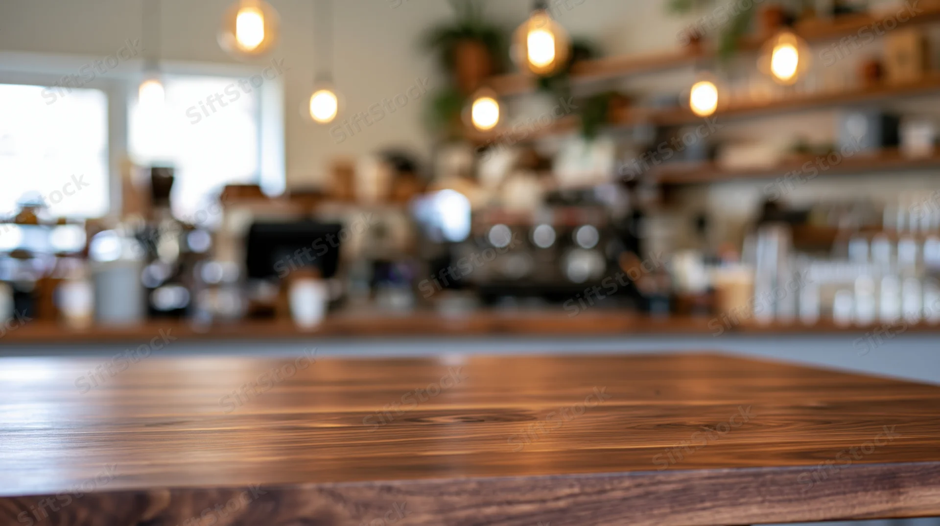 Dark walnut wood table surface in sharp focus with blurred cafe interior behind