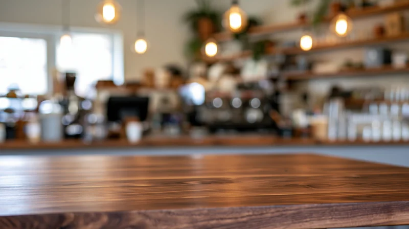 Dark walnut wood table surface in sharp focus with blurred cafe interior behind