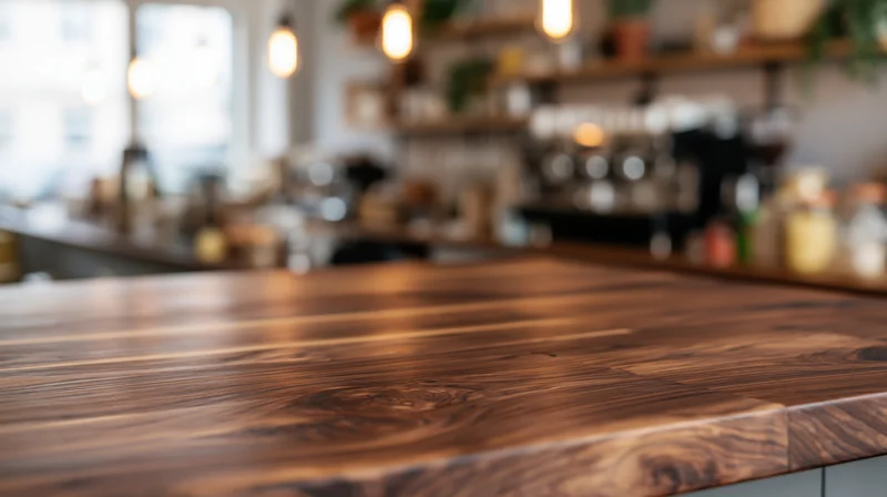 Dark walnut wood table surface in focus with blurred cafe interior behind