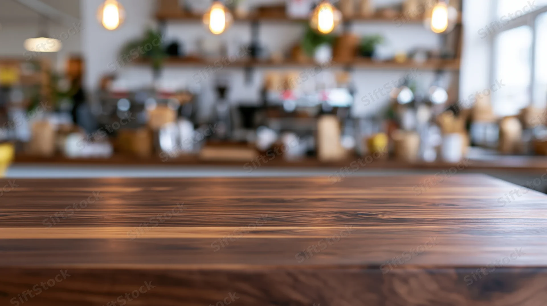 Dark walnut wood table surface in sharp focus with blurred cafe interior in background