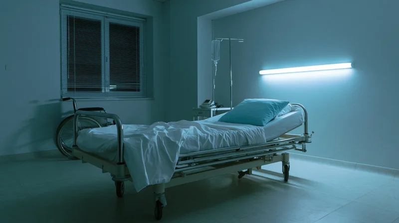 Empty hospital room with adjustable metal bed and wheelchair at night