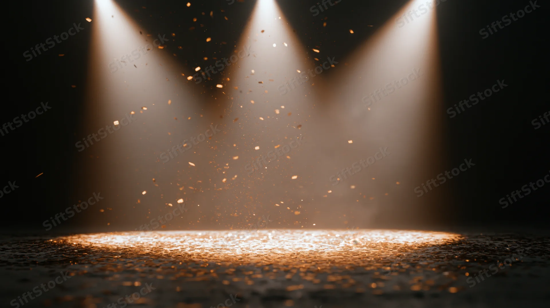 Stage floor illuminated by three converging spotlights with floating golden particles