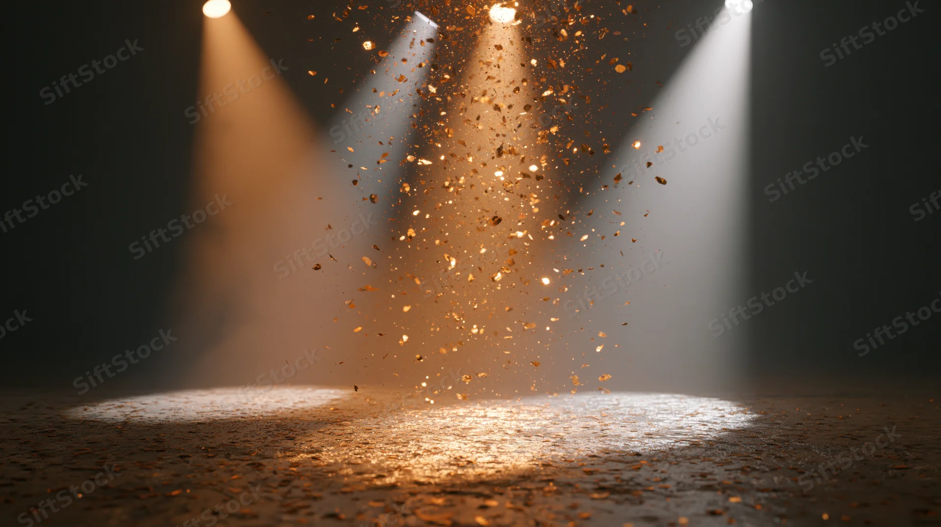 Stage floor illuminated by converging spotlights with golden particles floating in the beams