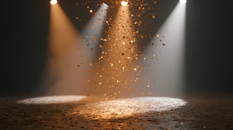Stage floor illuminated by converging spotlights with golden particles floating in the beams
