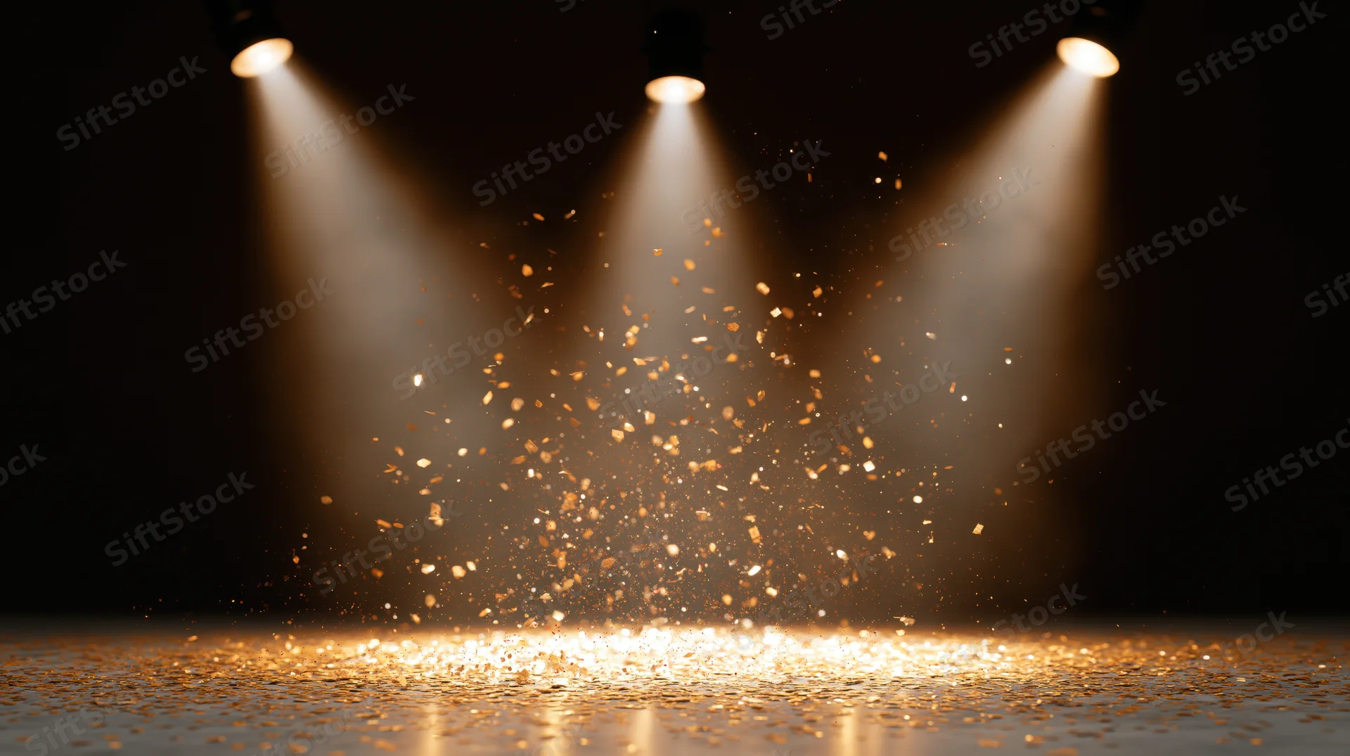 Stage floor illuminated by three spotlights with golden confetti falling in beams of light