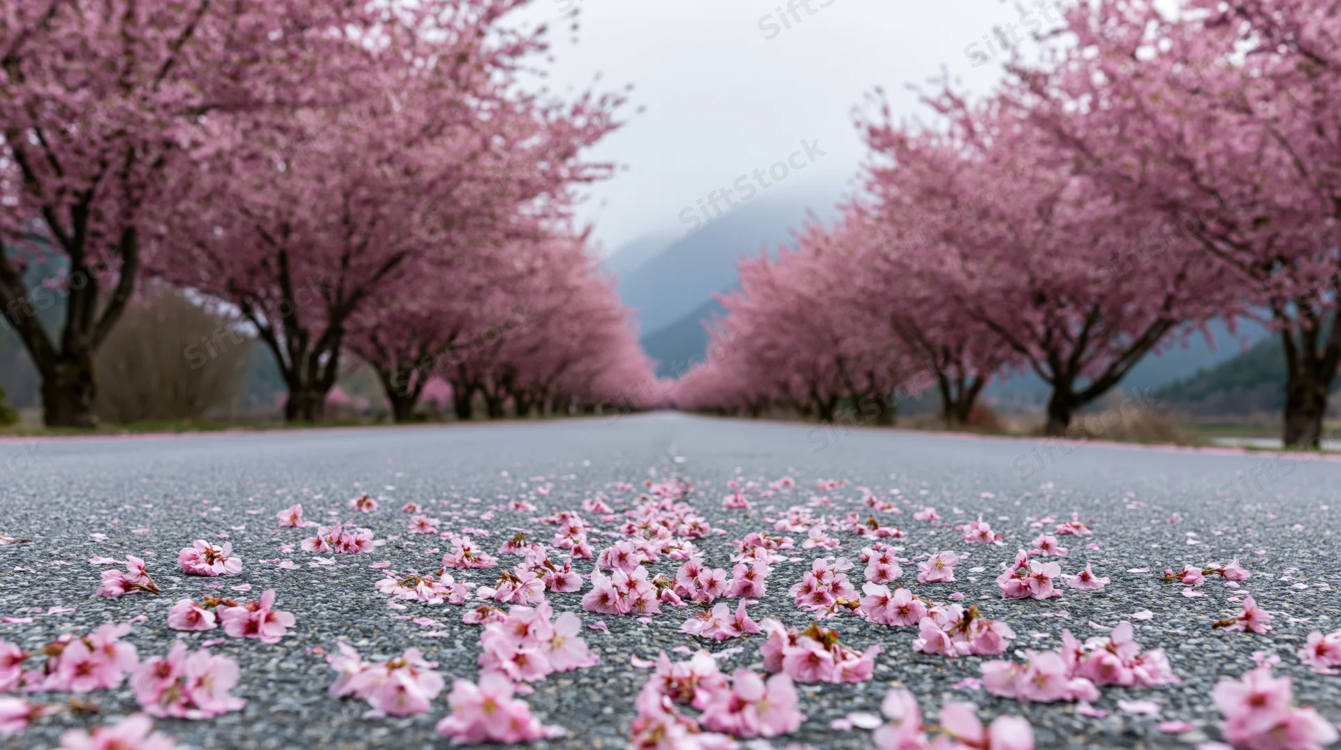 Cherry blossom trees lining an asphalt road with fallen petals scattered on the surface